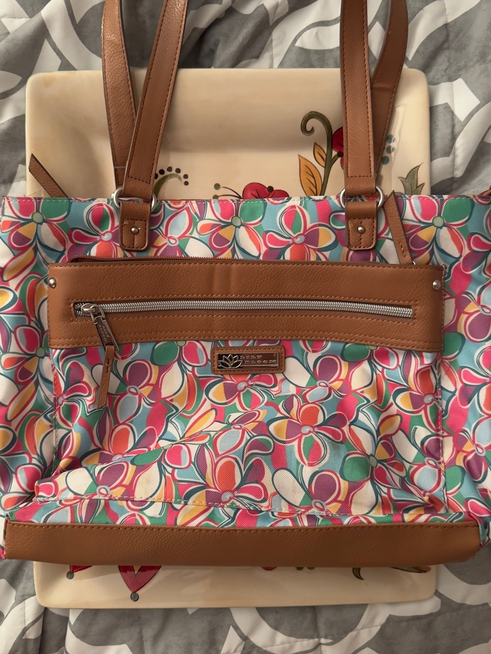 Lily Bloom Pink, Teal and Purple Floral Tote with Tan Trim